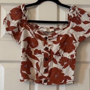 Monteau Red Floral Blouse with Puff Sleeves
